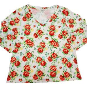 The Pioneer Woman Top S Cottage Floral Pink Stretch 3/4 Sleeve V Neck Shirt Size